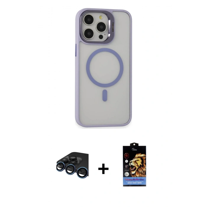 ieg™ iPhone 15 Pro Max Kılıf Ahenk Klasik Özel Seri - Siyah Buffer Hayalet Cam Ekran Koruyucu + Lacivert Raze Metal Kamera Lens