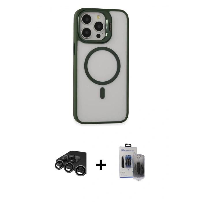 ieg™ iPhone 15 Pro Max Kılıf Ahenk Klasik Özel Seri - Siyah Vanessa Magic Hayalet Cam + Titanyum Gri Raze Metal Kamera Lens