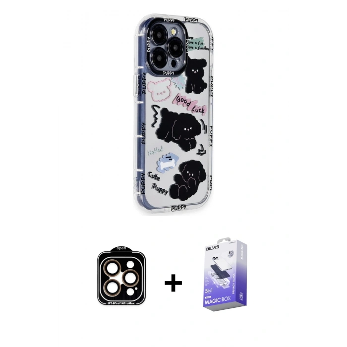 ieg™ iPhone 15 Pro Max Kılıf Ahenk Modern Serisi - Siyah Bilvis 5in1 5D Magic Hayalet Cam Ekran Koruyucu + Turuncu PVD Metal Kamera Lens