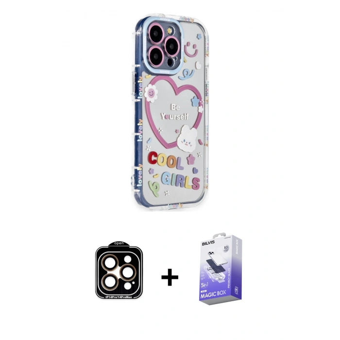 ieg™ iPhone 15 Pro Max Kılıf Ahenk Modern Serisi - Siyah Bilvis 5in1 5D Magic Hayalet Cam Ekran Koruyucu + Turuncu PVD Metal Kamera Lens