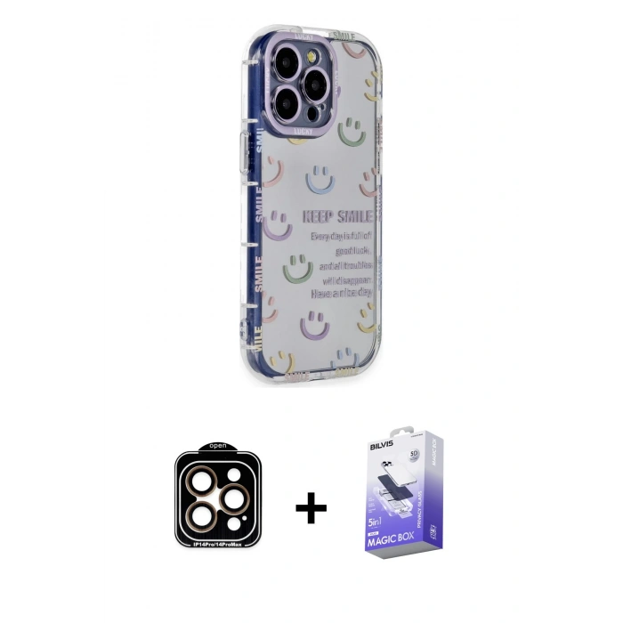 ieg™ iPhone 15 Pro Max Kılıf Ahenk Modern Serisi - Siyah Bilvis 5in1 5D Magic Hayalet Cam Ekran Koruyucu + Turuncu PVD Metal Kamera Lens