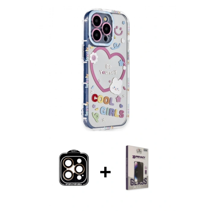 ieg™ iPhone 15 Pro Max Kılıf Ahenk Modern Serisi - Siyah Bilvis Hayalet Cam Ekran Koruyucu + Turuncu PVD Metal Kamera Lens
