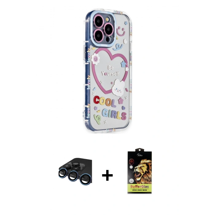ieg™ iPhone 15 Pro Max Kılıf Ahenk Modern Serisi - Siyah Buffer Cam Ekran Koruyucu + Lacivert Raze Metal Kamera Lens