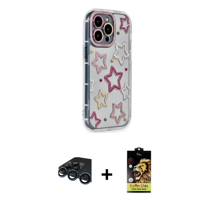 ieg™ iPhone 15 Pro Max Kılıf Ahenk Modern Serisi - Siyah Buffer Cam Ekran Koruyucu + Lacivert Raze Metal Kamera Lens