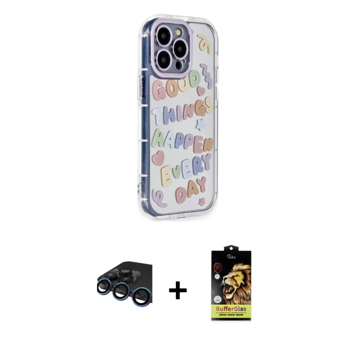 ieg™ iPhone 15 Pro Max Kılıf Ahenk Modern Serisi - Siyah Buffer Cam Ekran Koruyucu + Lacivert Raze Metal Kamera Lens