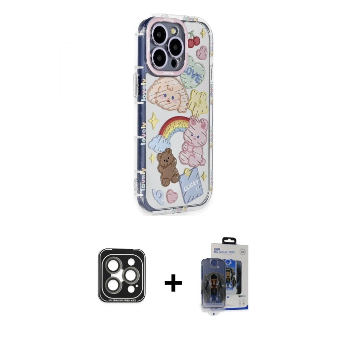 ieg™ iPhone 15 Pro Max Kılıf Ahenk Modern Serisi - Siyah Vanessa Magic Cam + Gri PVD Metal Kamera Lens