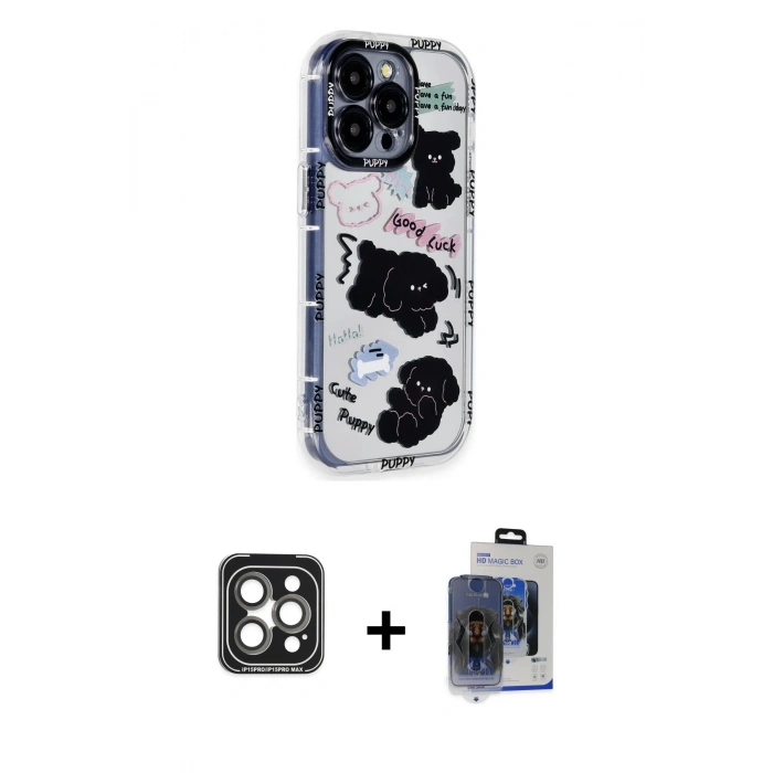 ieg™ iPhone 15 Pro Max Kılıf Ahenk Modern Serisi - Siyah Vanessa Magic Cam + Gri PVD Metal Kamera Lens