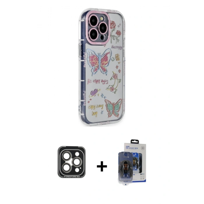 ieg™ iPhone 15 Pro Max Kılıf Ahenk Modern Serisi - Siyah Vanessa Magic Cam + Gri PVD Metal Kamera Lens