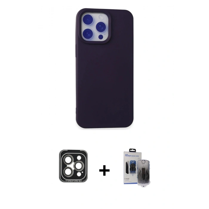 ieg™ iPhone 15 Pro Max Kılıf Ahenk Serisi - Siyah Vanessa Magic Hayalet Cam + Gri PVD Metal Kamera Lens