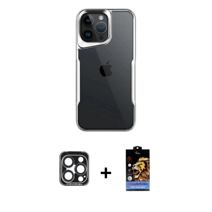 ieg™ iPhone 15 Pro Max Kılıf Akış Çizgi Koleksiyonu - Siyah Buffer Hayalet Cam Ekran Koruyucu + Lacivert PVD Metal Kamera Lens