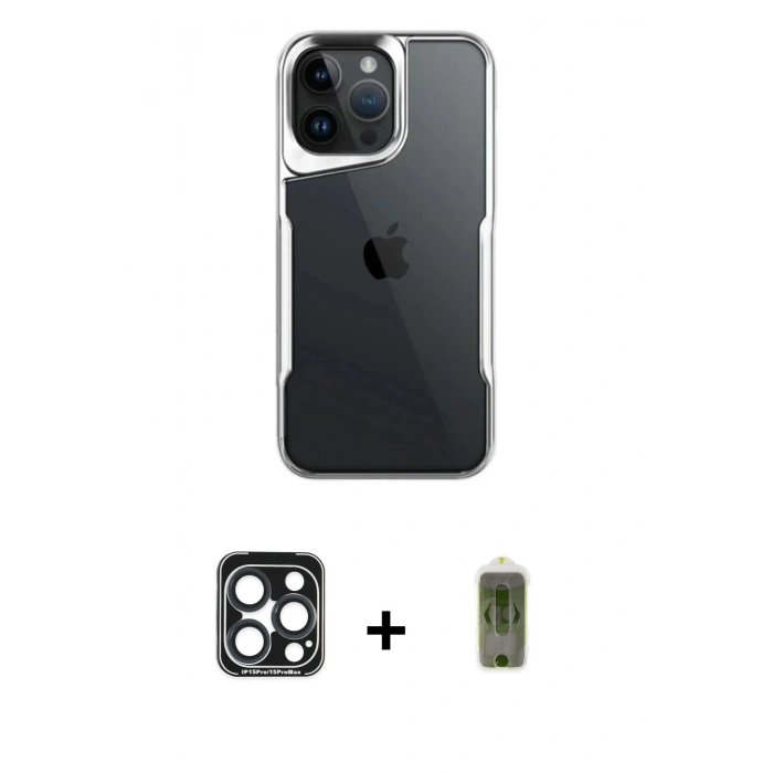 ieg™ iPhone 15 Pro Max Kılıf Akış Çizgi Koleksiyonu - Siyah Joko Magic 5D Hayalet Cam + Lacivert PVD Metal Kamera Lens