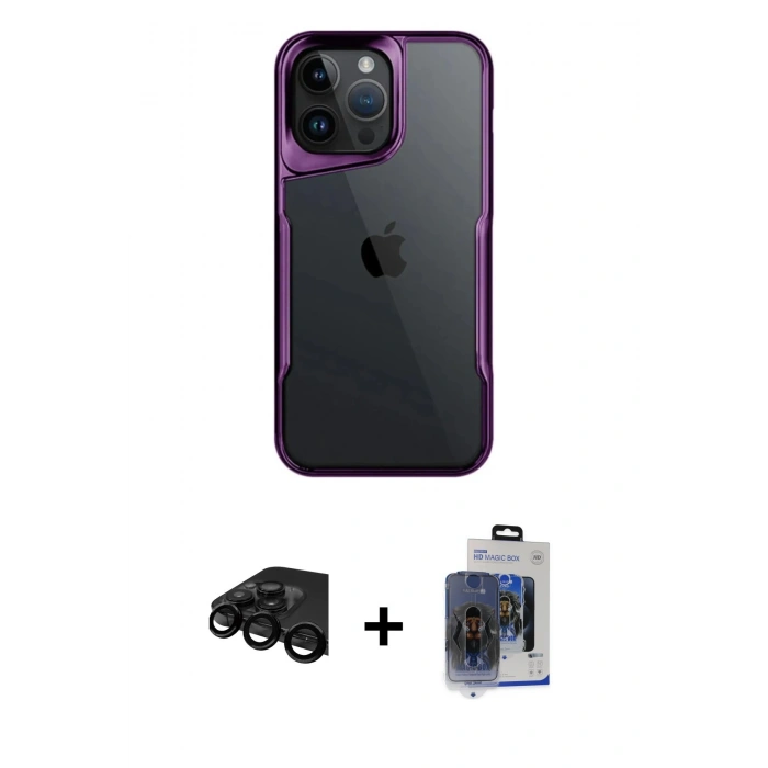ieg™ iPhone 15 Pro Max Kılıf Akış Çizgi Koleksiyonu - Siyah Vanessa Magic Cam + Siyah Raze Metal Kamera Lens