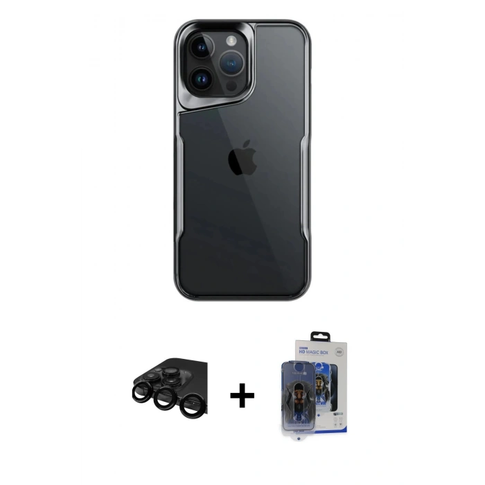 ieg™ iPhone 15 Pro Max Kılıf Akış Çizgi Koleksiyonu - Siyah Vanessa Magic Cam + Siyah Raze Metal Kamera Lens