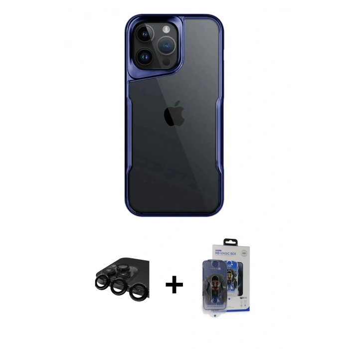 ieg™ iPhone 15 Pro Max Kılıf Akış Çizgi Koleksiyonu - Siyah Vanessa Magic Cam + Siyah Raze Metal Kamera Lens
