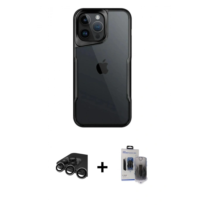 ieg™ iPhone 15 Pro Max Kılıf Akış Çizgi Koleksiyonu - Siyah Vanessa Magic Hayalet Cam + Titanyum Gri Raze Metal Kamera Lens