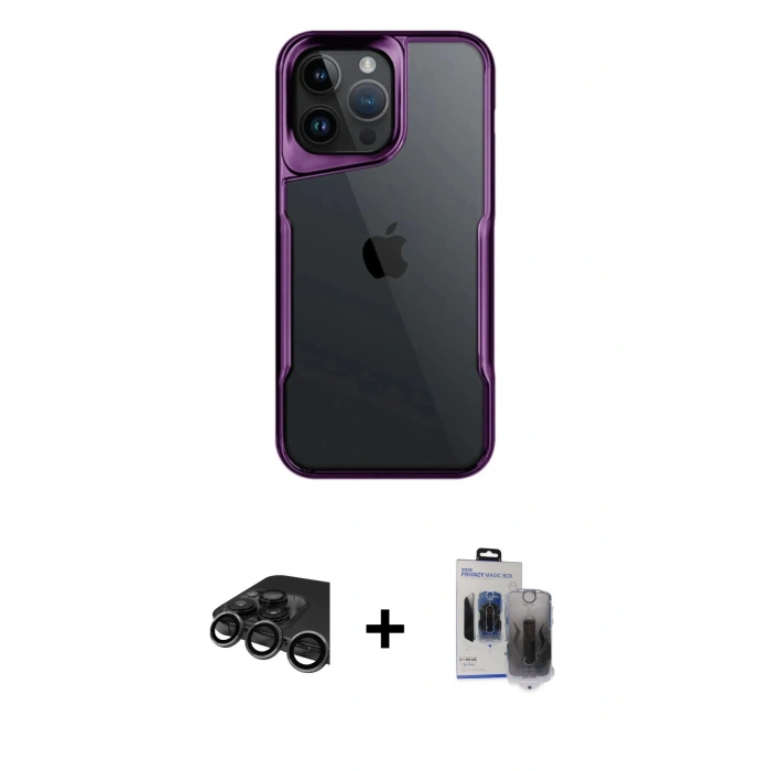 ieg™ iPhone 15 Pro Max Kılıf Akış Çizgi Koleksiyonu - Siyah Vanessa Magic Hayalet Cam + Titanyum Gri Raze Metal Kamera Lens