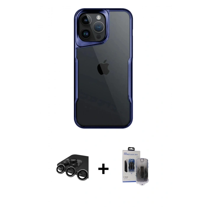 ieg™ iPhone 15 Pro Max Kılıf Akış Çizgi Koleksiyonu - Siyah Vanessa Magic Hayalet Cam + Titanyum Gri Raze Metal Kamera Lens