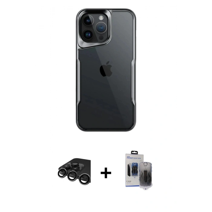 ieg™ iPhone 15 Pro Max Kılıf Akış Çizgi Koleksiyonu - Siyah Vanessa Magic Hayalet Cam + Titanyum Gri Raze Metal Kamera Lens