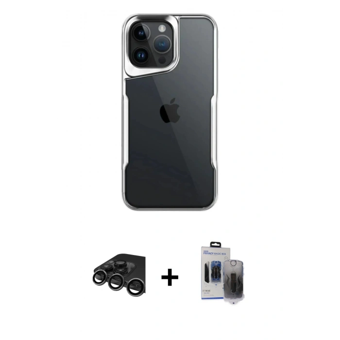 ieg™ iPhone 15 Pro Max Kılıf Akış Çizgi Koleksiyonu - Siyah Vanessa Magic Hayalet Cam + Titanyum Gri Raze Metal Kamera Lens