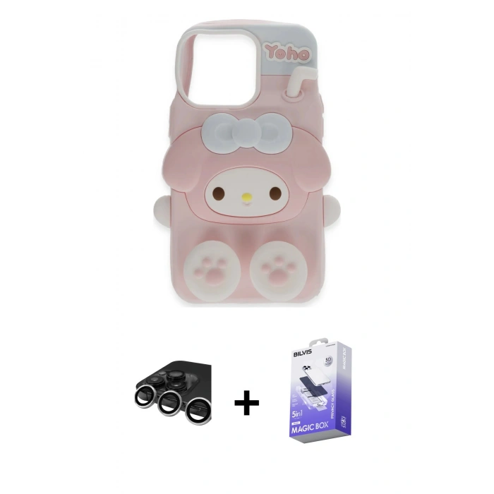 ieg™ iPhone 15 Pro Max Kılıf Akış Yansıma - Siyah Bilvis 5in1 5D Magic Hayalet Cam Ekran Koruyucu + Gümüş Raze Metal Kamera Lens