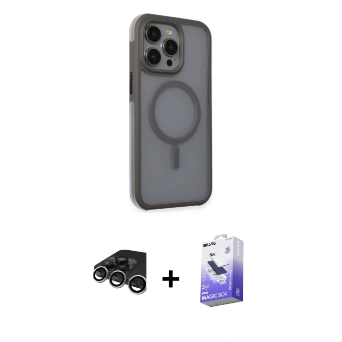 ieg™ iPhone 15 Pro Max Kılıf Çekirdek Yansıma Prime - Siyah Bilvis 5in1 5D Magic Hayalet Cam Ekran Koruyucu + Gümüş Raze Metal Kamera Lens