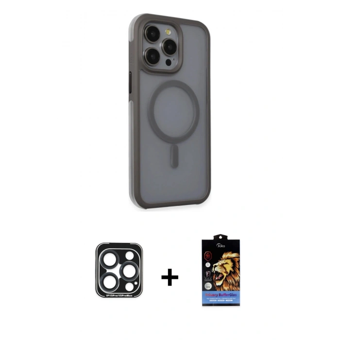 ieg™ iPhone 15 Pro Max Kılıf Çekirdek Yansıma Prime - Siyah Buffer Hayalet Cam Ekran Koruyucu + Lacivert PVD Metal Kamera Lens