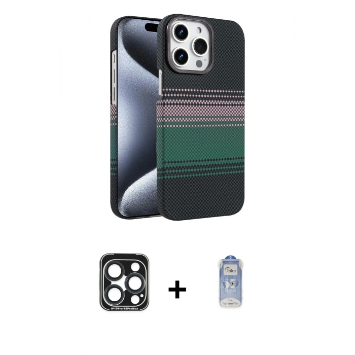 MARSİLYAN™- iPhone 15 Pro Max Kılıf Doruk Serisi - Siyah Joko Magic 5D Cam + PVD Metal Kamera Lens - LT