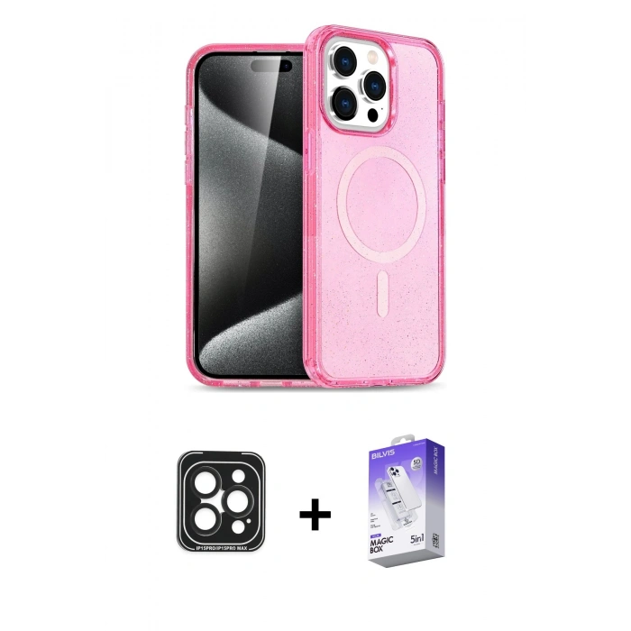ieg™ iPhone 15 Pro Max Kılıf Eksen Doku Koleksiyonu - Siyah Bilvis 5in1 3D Magic Cam Ekran Koruyucu + Siyah PVD Metal Kamera Lens