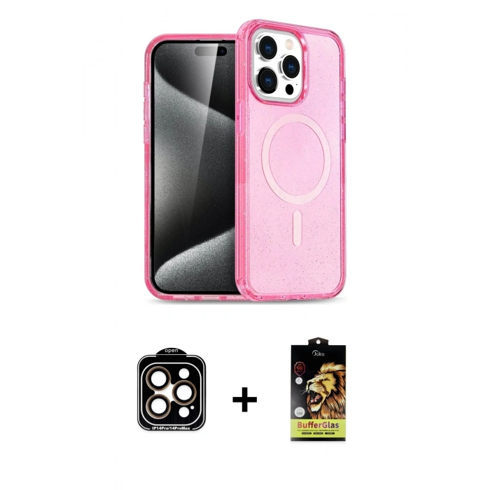 ieg™ iPhone 15 Pro Max Kılıf Eksen Doku Koleksiyonu - Siyah Buffer Cam Ekran Koruyucu + Turuncu PVD Metal Kamera Lens