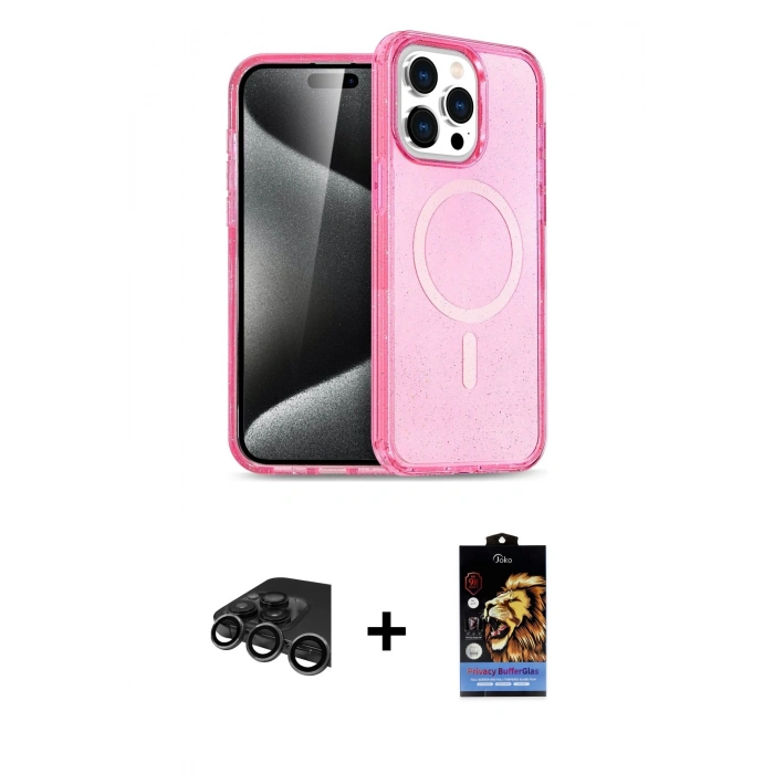 ieg™ iPhone 15 Pro Max Kılıf Eksen Doku Koleksiyonu - Siyah Buffer Hayalet Cam Ekran Koruyucu + Titanyum Gri Raze Metal Kamera Lens