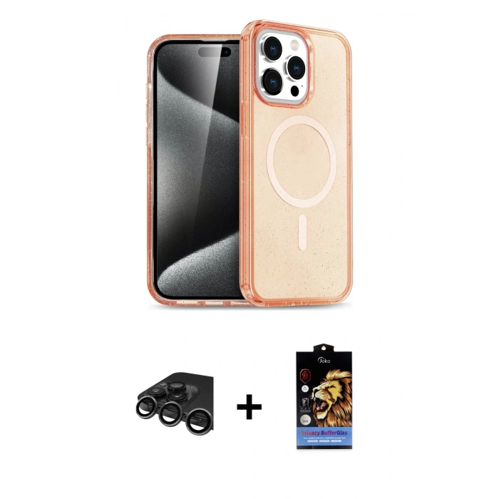 ieg™ iPhone 15 Pro Max Kılıf Eksen Doku Koleksiyonu - Siyah Buffer Hayalet Cam Ekran Koruyucu + Titanyum Gri Raze Metal Kamera Lens