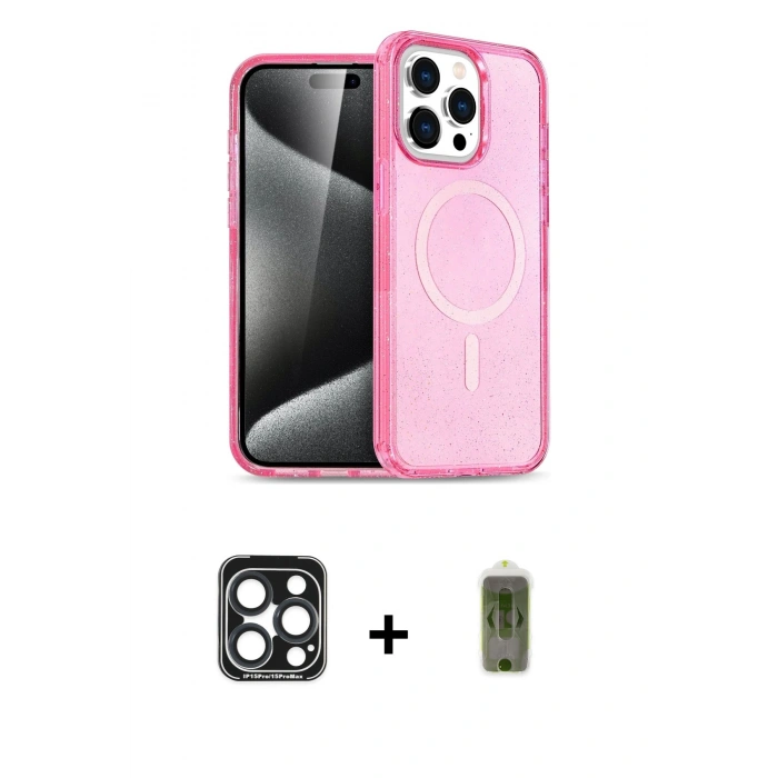 ieg™ iPhone 15 Pro Max Kılıf Eksen Doku Koleksiyonu - Siyah Joko Magic 5D Hayalet Cam + Lacivert PVD Metal Kamera Lens