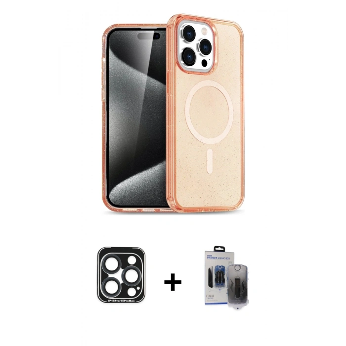 ieg™ iPhone 15 Pro Max Kılıf Eksen Doku Koleksiyonu - Siyah Vanessa Magic Hayalet Cam + Lacivert PVD Metal Kamera Lens