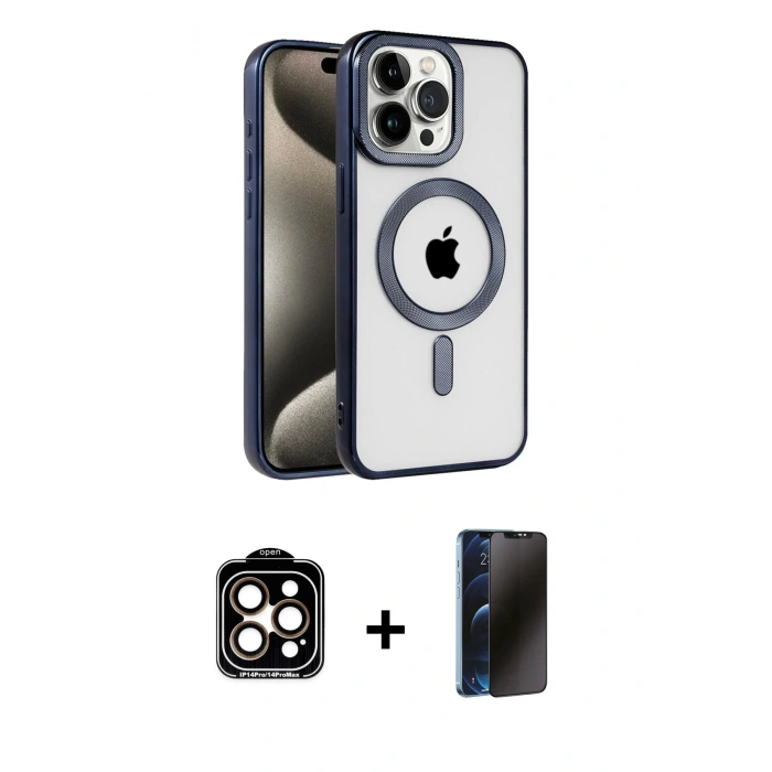 ieg™ iPhone 15 Pro Max Kılıf Eksen Form Koleksiyonu - Siyah 3D Antistatik Hayalet Cam Ekran Koruyucu + Turuncu PVD Metal Kamera Lens