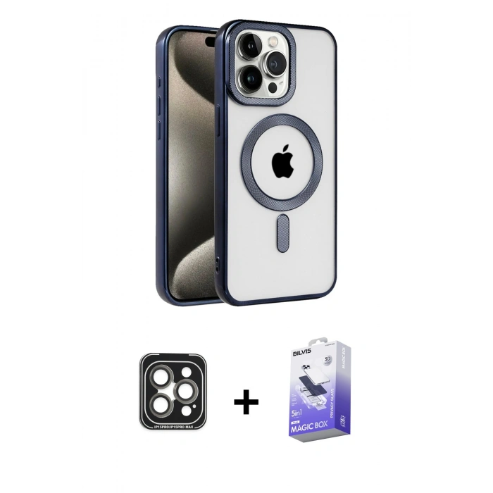 ieg™ iPhone 15 Pro Max Kılıf Eksen Form Koleksiyonu - Siyah Bilvis 5in1 5D Magic Hayalet Cam Ekran Koruyucu + Gri PVD Metal Kamera Lens
