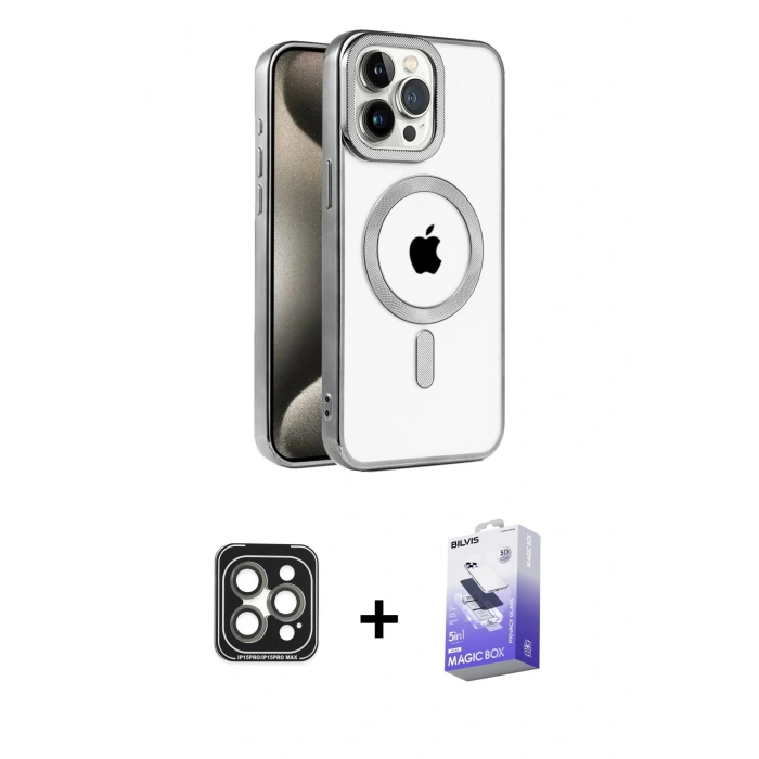ieg™ iPhone 15 Pro Max Kılıf Eksen Form Koleksiyonu - Siyah Bilvis 5in1 5D Magic Hayalet Cam Ekran Koruyucu + Gri PVD Metal Kamera Lens