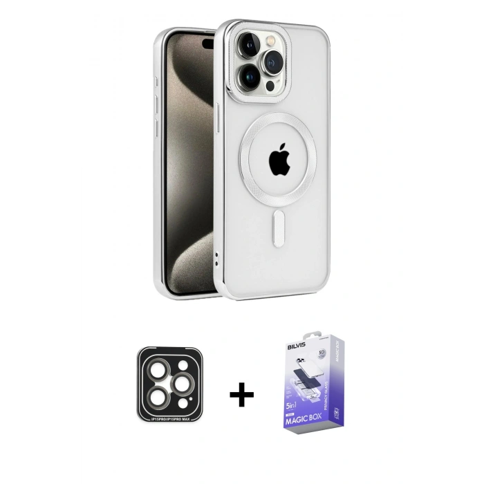ieg™ iPhone 15 Pro Max Kılıf Eksen Form Koleksiyonu - Siyah Bilvis 5in1 5D Magic Hayalet Cam Ekran Koruyucu + Gri PVD Metal Kamera Lens