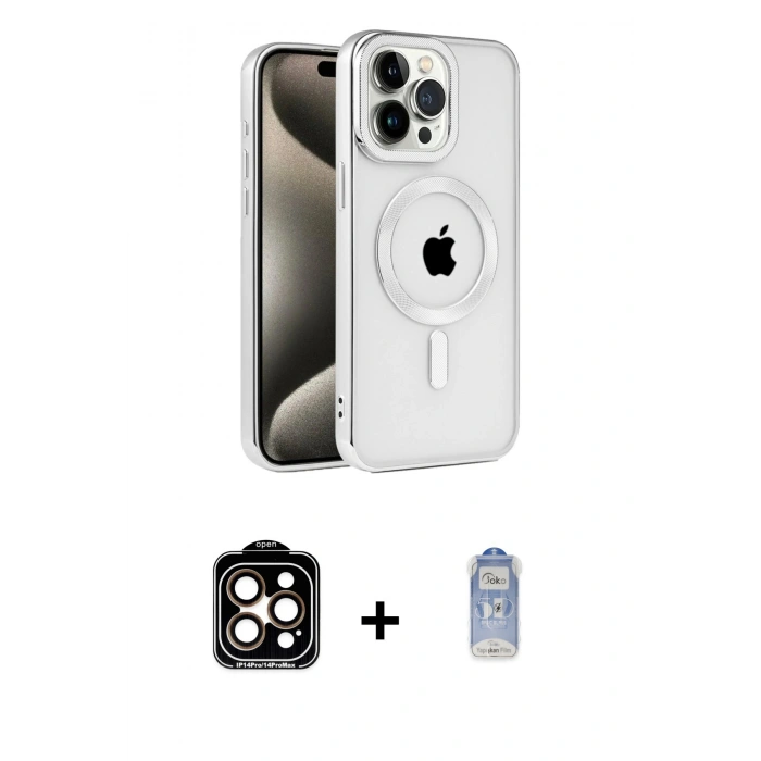 ieg™ iPhone 15 Pro Max Kılıf Eksen Form Koleksiyonu - Siyah Joko Magic 5D Cam + Turuncu PVD Metal Kamera Lens