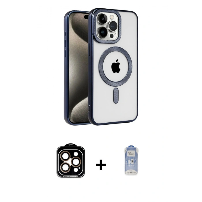 ieg™ iPhone 15 Pro Max Kılıf Eksen Form Koleksiyonu - Siyah Joko Magic 5D Cam + Turuncu PVD Metal Kamera Lens