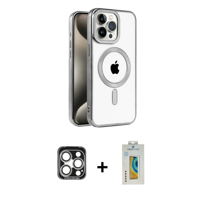 ieg™ iPhone 15 Pro Max Kılıf Eksen Form Koleksiyonu - Siyah Polymer Nano Ekran Koruyucu + Gümüş PVD Metal Kamera Lens