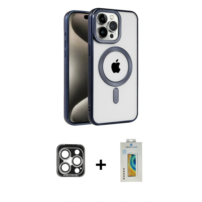 ieg™ iPhone 15 Pro Max Kılıf Eksen Form Koleksiyonu - Siyah Polymer Nano Ekran Koruyucu + Gümüş PVD Metal Kamera Lens