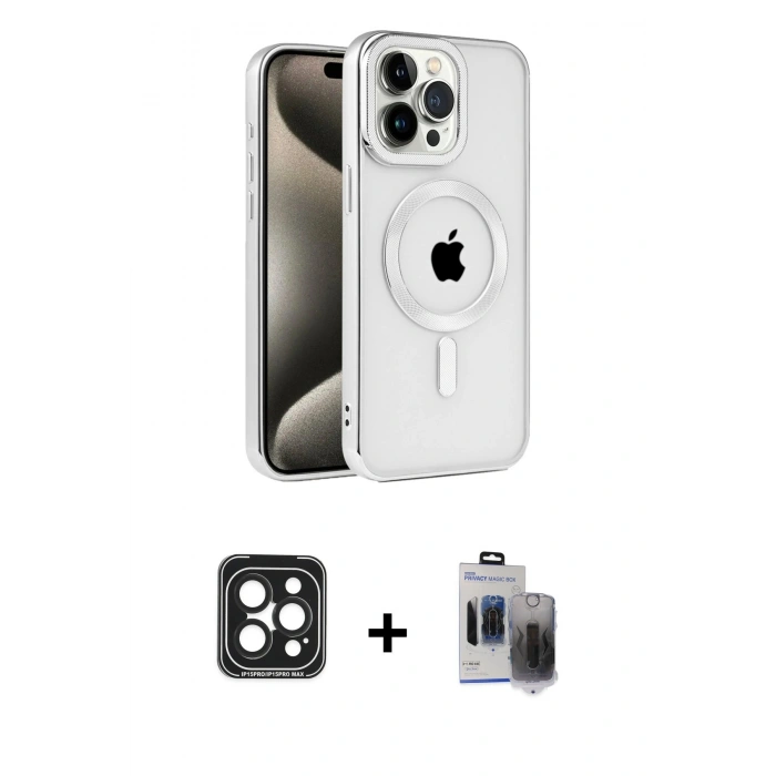ieg™ iPhone 15 Pro Max Kılıf Eksen Form Koleksiyonu - Siyah Vanessa Magic Hayalet Cam + Siyah PVD Metal Kamera Lens
