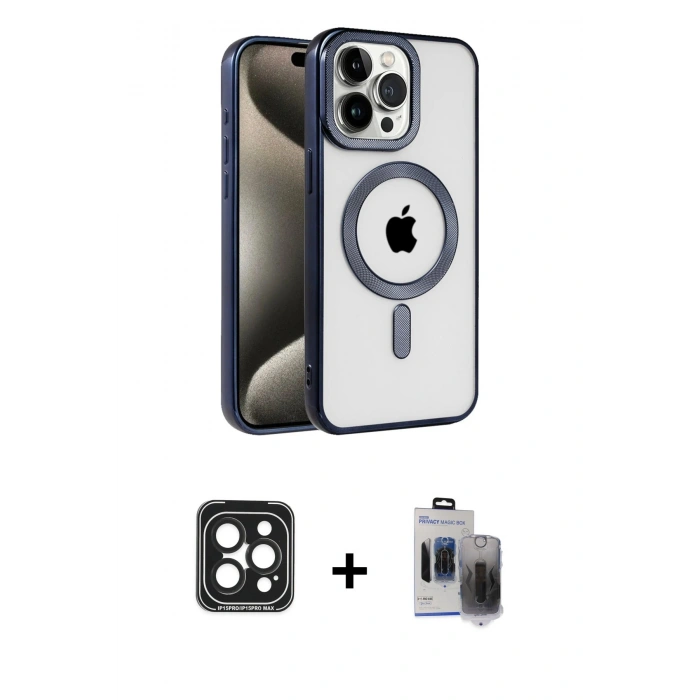 ieg™ iPhone 15 Pro Max Kılıf Eksen Form Koleksiyonu - Siyah Vanessa Magic Hayalet Cam + Siyah PVD Metal Kamera Lens