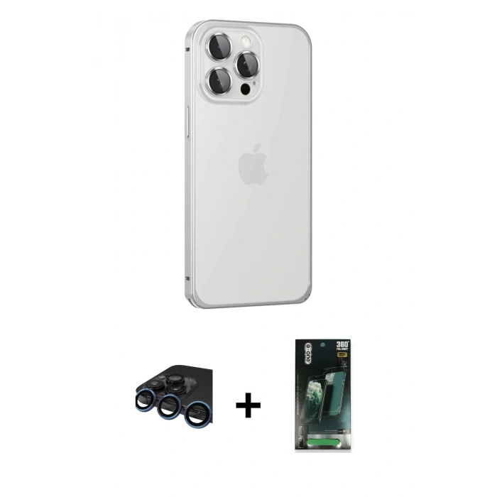 ieg™ iPhone 15 Pro Max Kılıf Eksen Form Serisi - Siyah 360 Mat Full Body Arka Koruyucu + Lacivert Raze Metal Kamera Lens
