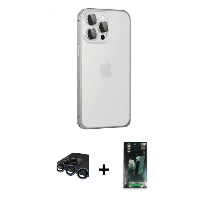 ieg™ iPhone 15 Pro Max Kılıf Eksen Form Serisi - Siyah 360 Mat Full Body Arka Koruyucu + Lacivert Raze Metal Kamera Lens