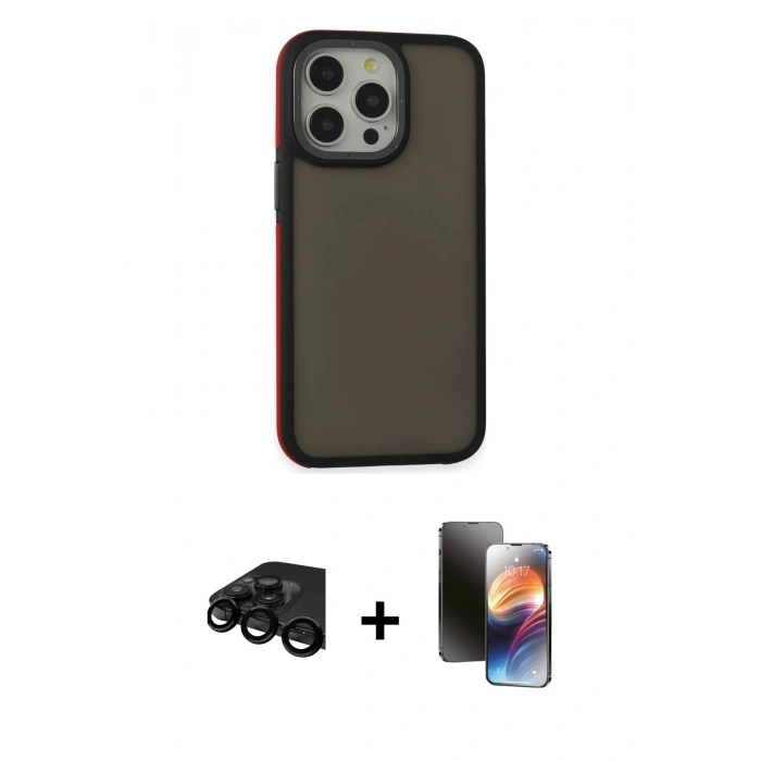 ieg™ iPhone 15 Pro Max Kılıf Eksen Işık - Siyah 3D Antistatik Mat Seramik Nano Ekran Koruyucu + Siyah Raze Metal Kamera Lens