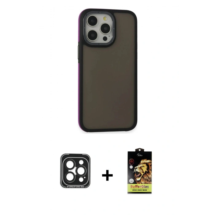 ieg™ iPhone 15 Pro Max Kılıf Eksen Işık - Siyah Buffer Cam Ekran Koruyucu + Siyah PVD Metal Kamera Lens