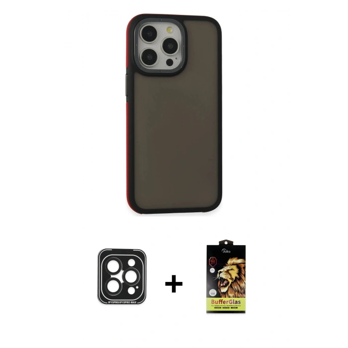 ieg™ iPhone 15 Pro Max Kılıf Eksen Işık - Siyah Buffer Cam Ekran Koruyucu + Siyah PVD Metal Kamera Lens