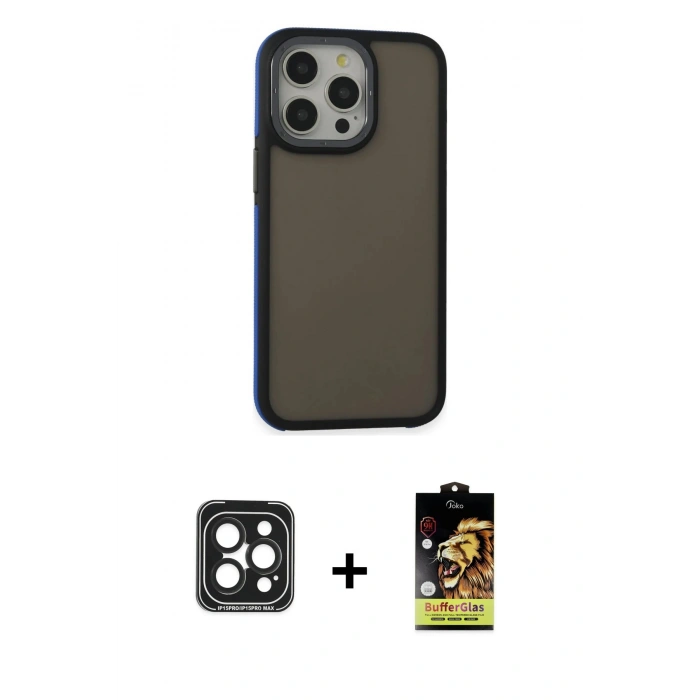 ieg™ iPhone 15 Pro Max Kılıf Eksen Işık - Siyah Buffer Cam Ekran Koruyucu + Siyah PVD Metal Kamera Lens