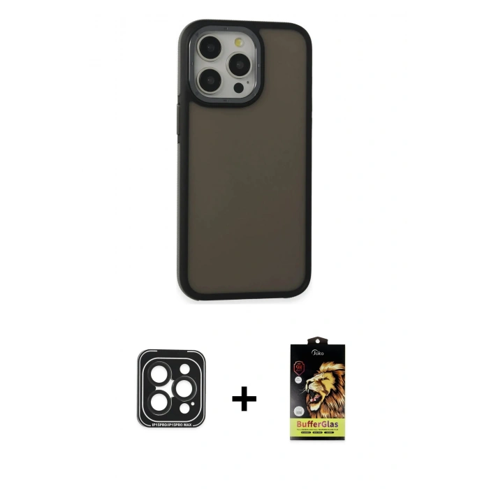 ieg™ iPhone 15 Pro Max Kılıf Eksen Işık - Siyah Buffer Cam Ekran Koruyucu + Siyah PVD Metal Kamera Lens